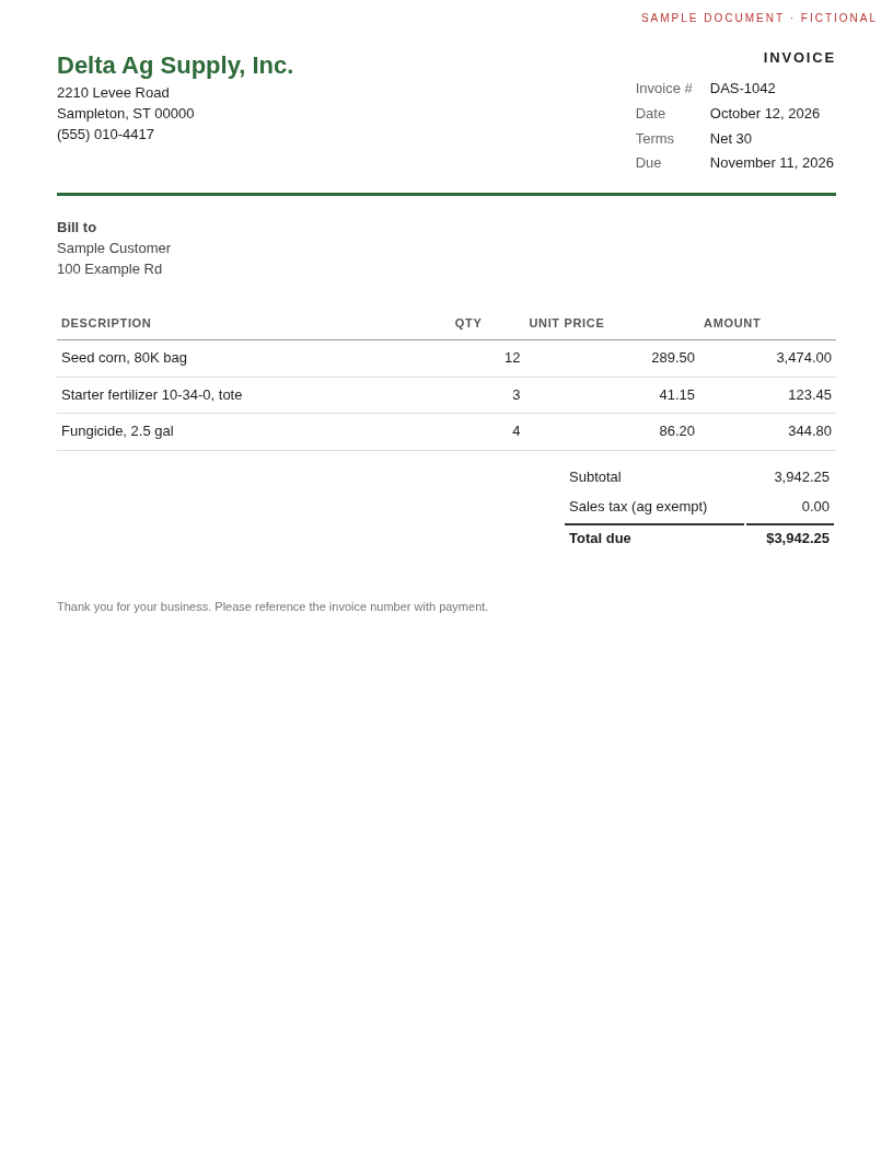 Sample supplier invoice from Delta Ag Supply: three lines (seed corn, starter fertilizer, fungicide) totaling $3,942.25.